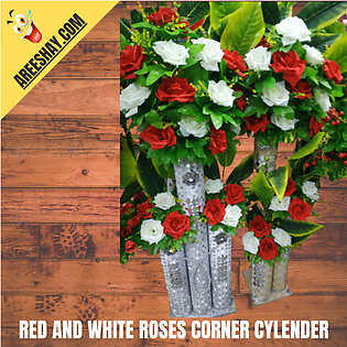 RED AND WHITE ARTIFICIAL FLOWERS CORNER BIG VASE