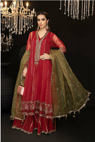 3-Pc Long Front Open Gown With Raw Silk Gharara and Embroidered Dupatta CMA22-61