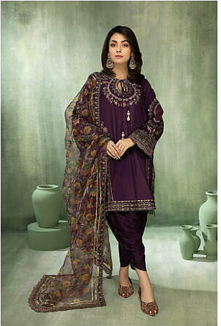3-Pc Embroidered Raw Silk Shirt With Organza Dupatta and Tulip Shalwar CMA22-19-S