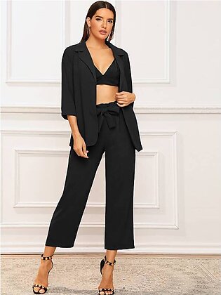 Solid Notched Neck Blazer With Paperbag Waist Belted Trousers