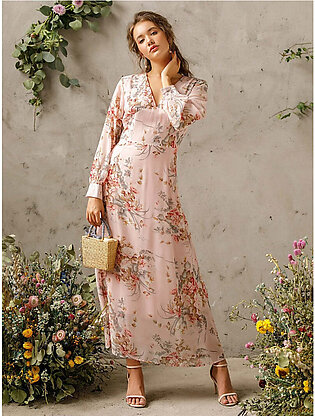 V-neck Long Sleeve Floral Maxi A-line Dress