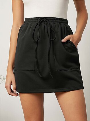 Drawstring Waist Slant Pocket Solid Skirt
