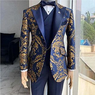 Floral Jacquard Tuxedo Suits for Men Wedding Slim Fit Navy Blue and Gold Gentleman Jacket with Vest Pant 3 Piece Male Costume in Pakistan