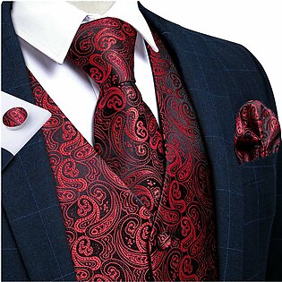 Dibangu Classic Red Black Paisley Men's Suit Vest Necktie Pocket Square Cufflinks Set Formal Business Waistcoat for Man Wedding in Pakistan