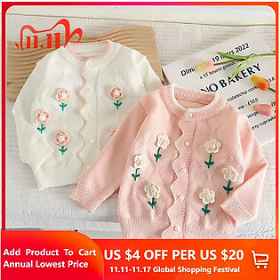 Infant Girls Knitting Cardigan Baby Autumn Winter Cotton Clothes Sweet Floral Sweater Children's Girls Knitted Jacket Top in Pakistan