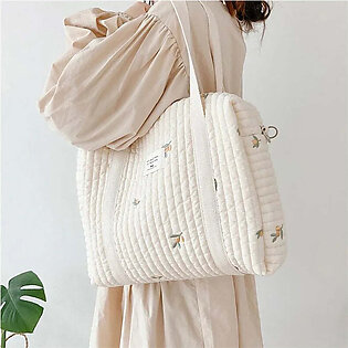 Cute Bear Flower Embroidery Pattern Baby Beige Cotton Fabric Zipper Diaper Handbag New Luggage Bag in Pakistan