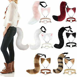 New Fluffy Animal Ears Headband Furry Ears Hair Hoop Necklace Tail Set Leather Choker for Halloween Masquerade Party Fancy Dress in Pakistan