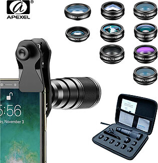 APEXEL 10 in 1  Mobile phone Lens Kit 22X Telephoto Fisheye lens Wide Angle Macro Lens+CPL Star Flow Filters for all smartphones in Pakistan