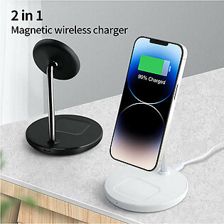 JUNCHI Magnetic Wireless Charger Stand 18W 2 in 1 Magcafe Charging Stand For iPhone 15 14 Pro iPhone 13 12 AirPods Fast Charger in Pakistan