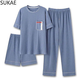 SUKAE Mens Pajamas Set Summer New O-neck Vest Shorts Knitted Faux Cotton Pijamas Leisure Loungewear Casual Bottoms Man Sleepwear in Pakistan