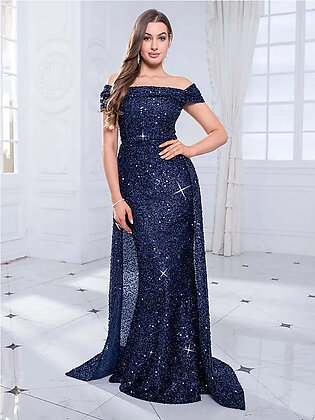 Off Shoulder Dazzling Sequin Fitted Bodice Evening Night Dress with Detachable Skirts Floor Length Party Dress in Pakistan