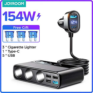 Joyroom 154W  9 in 1 Car Charger Adapter PD 3 Socket Cigarette Lighter Splitter Charge Independent Switches DC Cigarette Outlet in Pakistan