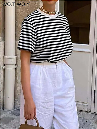 WOTWOY 100% Cotton Summer Casual Striped T-shirt Women Short Sleeve Loose Fit Basic Tee Shirt  Female Stitch Harajuku Tops 2023 in Pakistan