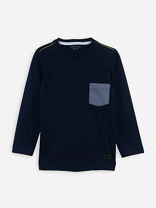 Navy Blue Long Sleeve Casual T-Shirt With Printed Pocket