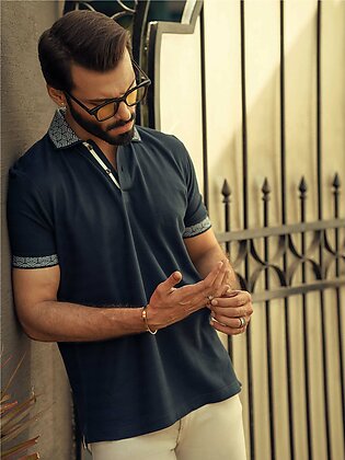 Navy Blue Textured Polo With Jacquard Collar
