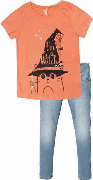 COOL CLUB Cat Orange Girls Cotton T shirt 2 Piece Set