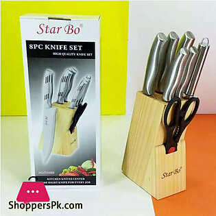 Star Bo Pack Of 8 – Knife Set With Wooden Block – Steel Handle