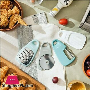 Kitchen Gadgets Set 4 Pieces Space Saving Cooking Tools Cheese Grater Fruit Vegetable Peeler Pizza Cutter Garlic Ginger Grinder Stainless Steel Accessories Dishwasher Safe