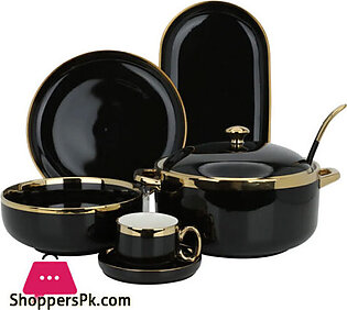 Dinner Set Black Round Porcelain with Wide Golden Line 51-Pieces 6 Person Serving