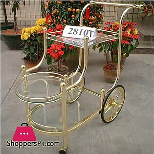 Tea Trolley Gold Plated with Two Big Wheel
