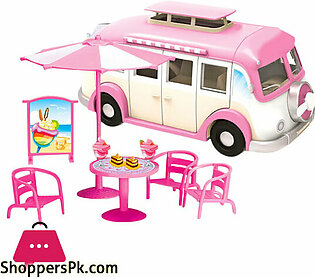 Cute Kids Mini Camper Car Simulation Plastic Pink Motorhome Car Doll House Furniture Accessories For Barbie Pretend Play Toy