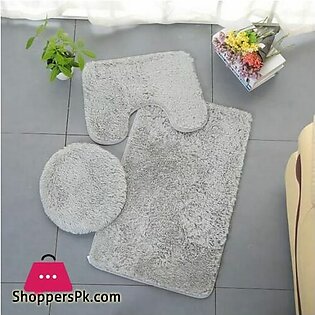 3 Pc Bathroom Set Bath Mat RUG Contour and Toilet Lid Cover with Rubber Backing