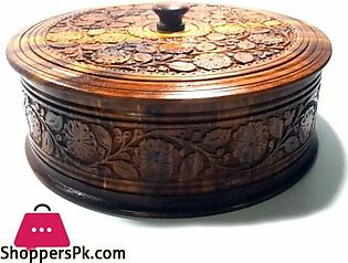 Wooden Carved Hot Pot Roti Box 10 inch