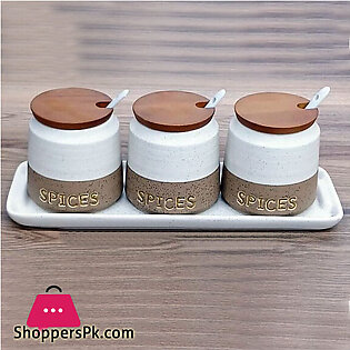 Stoneware Spice Jar Set of 3 with Spoon & Wooden Lid