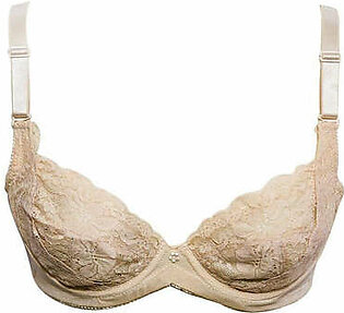 Embroidered Designed Beige Net Bra , Non Padded - Under Wired Bra - By Sexy Lady