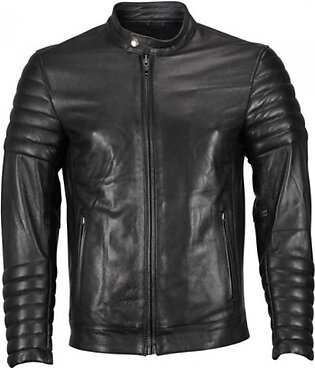 Moto Snap Collar Men Black Biker Leather Jacket