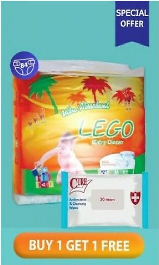 Lego Diaper Mega Pack Medium 84 Pcs + Cure Antibacterial Cleansing Wipes.