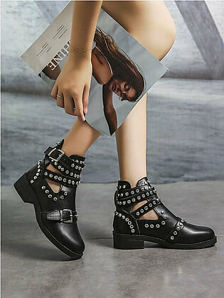 Studded Decor Cut Out Buckle Strap Ankle Boots