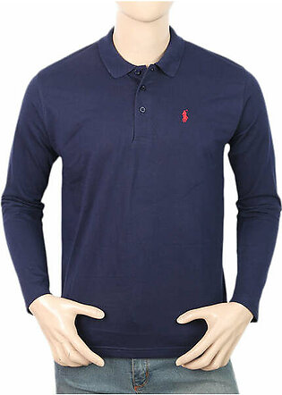 Men's Full Sleeves Plain Polo T-Shirt - Navy Blue