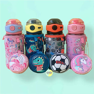 Cute Character Printed Sipper Bottle with Cover and Pouch