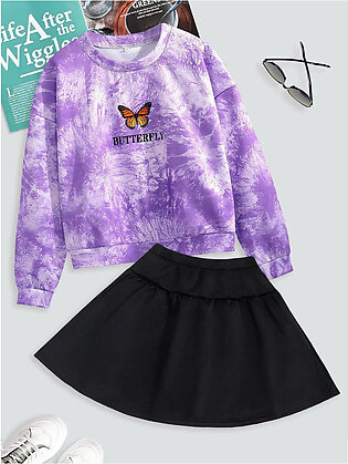 Girls Tie Dye Letter And Butterfly Print Drop Shoulder Sweatshirt & Skirt