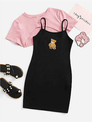 Girls Super Crop Tee & Bear Print Cami Dress