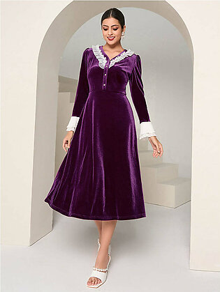 Modely Contrast Lace Button Front Velvet Dress