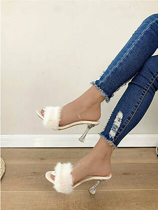 Contrast Fluffy Pyramid Heeled Mule Sandals