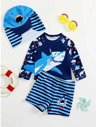 Baby Boy Cartoon Shark & Striped Swimsuit With Swim Cap