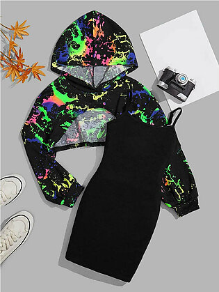 Girls Reflective Splash Ink Print Super Crop Hoodie & Cami Dress