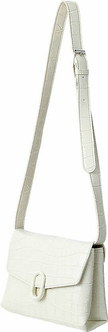 Stone Pattern Crossbody Bag with Flap and O Shaped Decoration (Off White) - Live Show