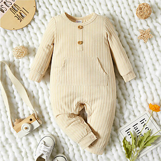 Baby Boy Solid Ribbed Long sleeve Jumpsuit with Pocket