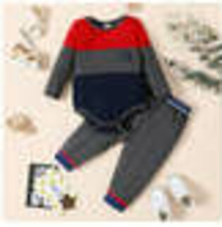 2pcs Baby Boy Striped Long-sleeve Romper and Solid Trousers Set