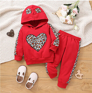 2pcs Baby Girl Leopard Ears Design Heart Graphic Long sleeve Hoodie and Sweatpants Set