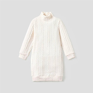 Kid Girl Solid Color Cable Knit Textured Mock neck Sweater Dress