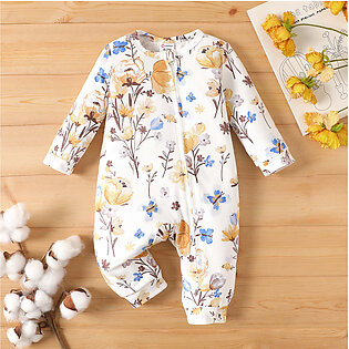 Baby Girl Flower Print & Solid Color Zipper Casual Long Sleeve Jumpsuit