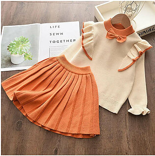 2-piece Baby / Toddler Bowknot Flounced Knitted Top and Pleated Skirt Set