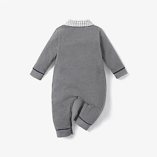 100% Cotton Plaid Lapel Bowtie Long-sleeve Faux-two Baby Jumpsuit