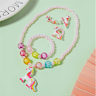 4-pack Cartoon Unicorn Pendant Beaded Necklace Ring Ear Cuff and Beaded Bracelet Jewelry Set for Girls