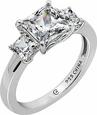 Platinum or Gold Plated Sterling Silver Princess-Cut 3-Stone Ring